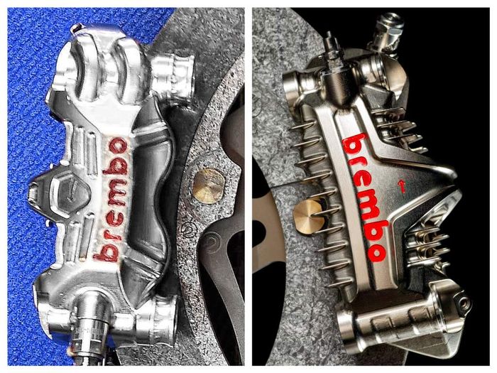 Sistem pengereman Brembo rancangan 2019 (kiris) dan rancangan 2020 (kanan).