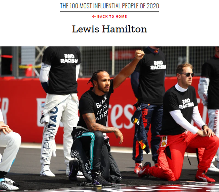 Profil Lewis Hamilton dalam daftar '100 Most Influential People 2020' ditulis oleh Bubba Wallace