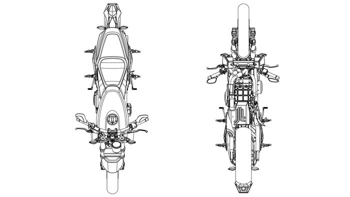 Gambar paten Harley-Davidson 338R, tampak atas dan bawah