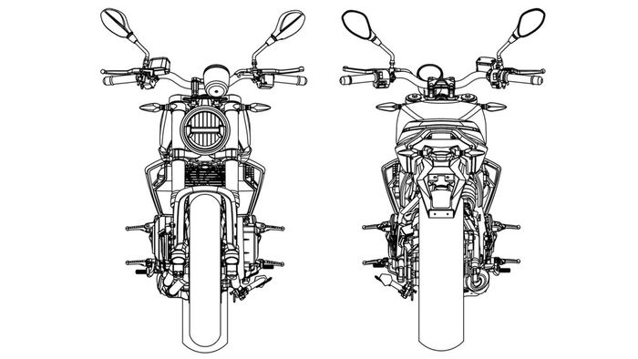 Gambar paten Harley-Davidson 338R, tampak depan-belakang