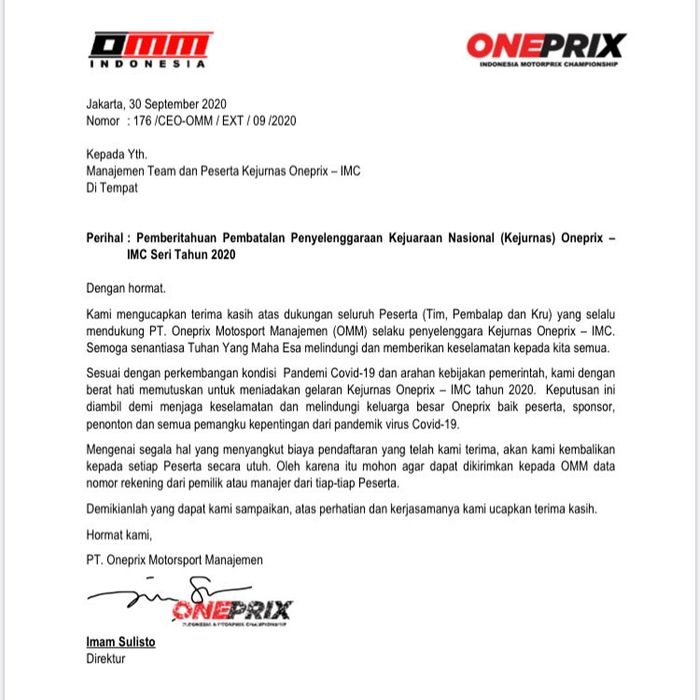Surat dari OMM yang menyatakan batalnya Kejurnas OnePrix 2020