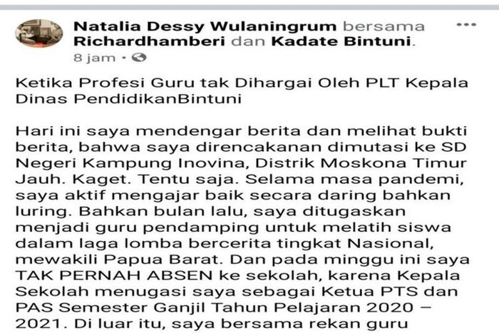 Curahatan Dessy Wulaningrum di media sosia mengenai masalah mobil dinas yang dipakai suaminya dan menyebabkan ia dimutasi.