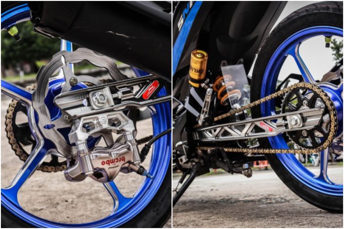 Di kaki belakang ada kaliper Brembo, shock Ohlins dan swingarm TA Racing