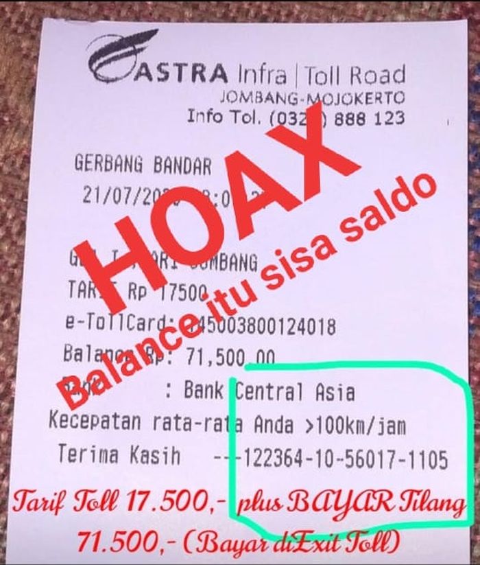 Viral struk Tol Jombang-Mojokerto sekaligus jadi pengenaan dinda tilang, dinyatakan hoaks.