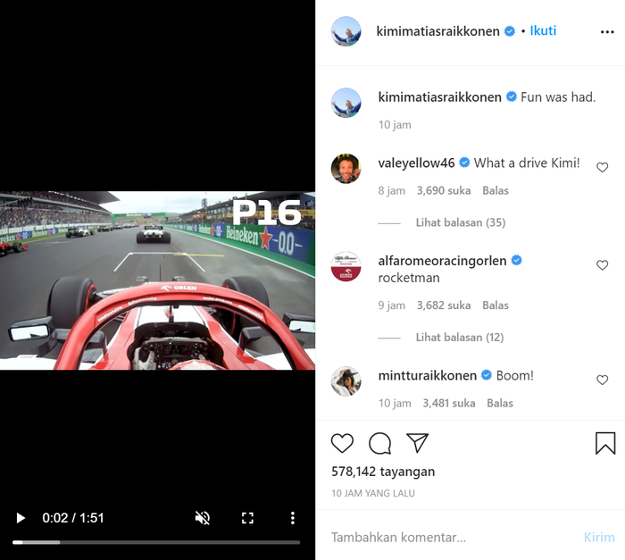 Kimi Raikkonen libas 10 pembalap di lap pertama F1 Portugal 2020, undang komentar Valentino Rossi yang melongo