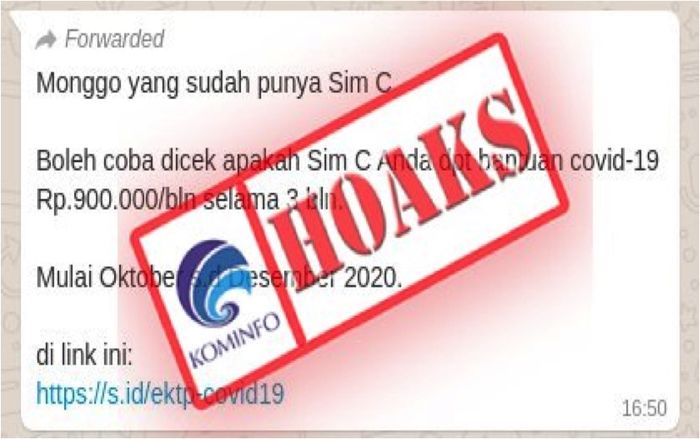 pesan berantai pemilik SIM C mendapat bantuan Covid-19 sebesar Rp 900 ribu per bulan ternyata hoaks