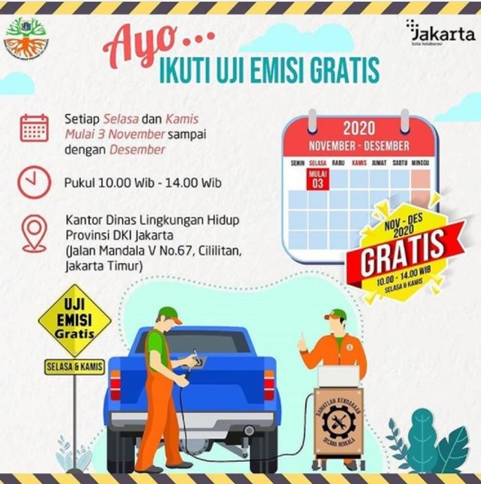 Uji emisi kendaraan gratis kembali diadakan Dinas Lingkungan Hidup Provinsi DKI Jakarta hingga akhir tahun 2020.