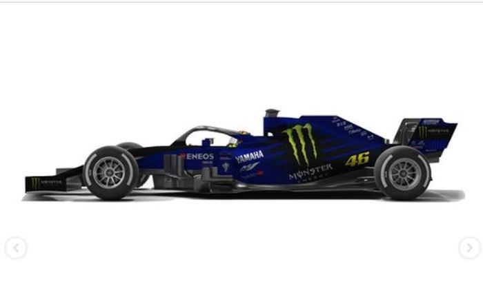 lalu begini tampilan livery mobil F1 berbalut livery Monster Energy Yamaha milik Valentino Rossi.