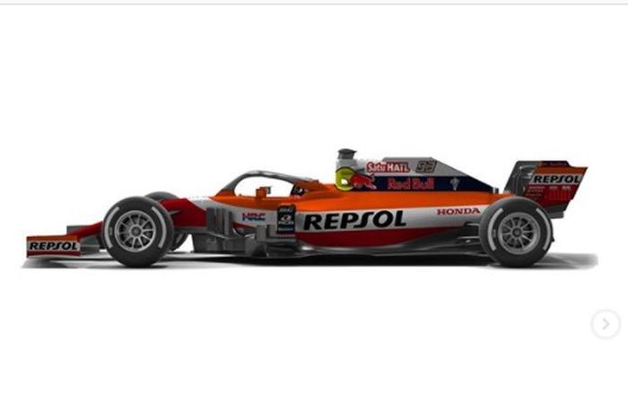 livery tim Repsol Honda, Marc Marquez digunakan pada mobil F1.
