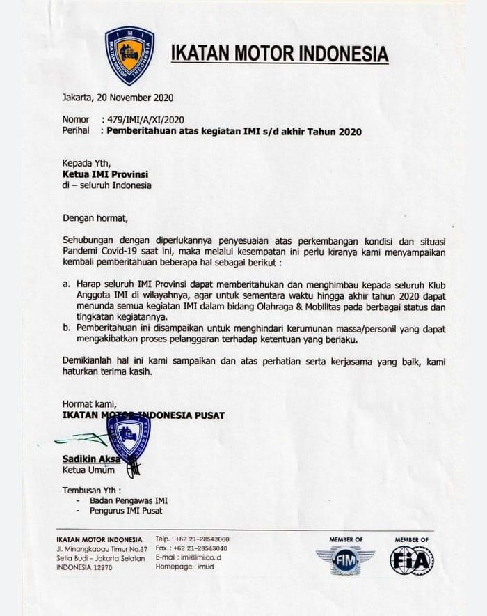 Surat dari IMI yang melarang aktivitas balapan