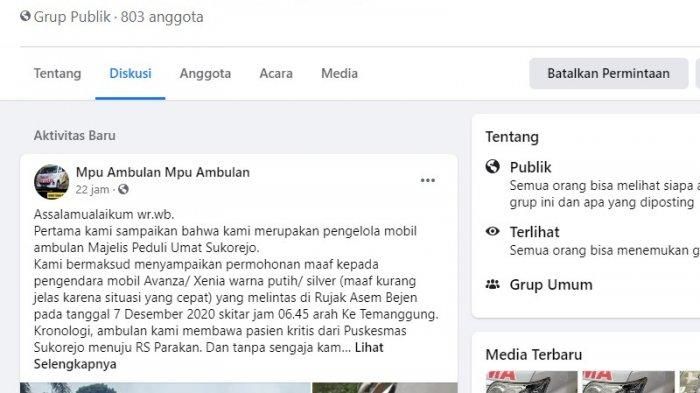 Unggahan Mpu Ambulan mencari mobil yang ia serempet saat bawa pasien kritis (Facebook/majelis peduli umat)