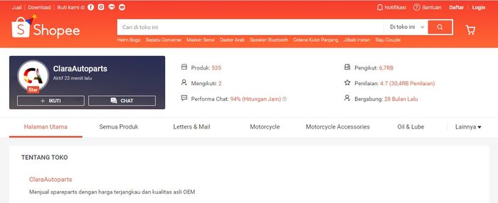 Akun Shopee Clara Autoparts