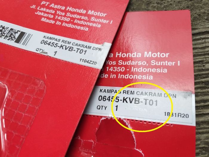 ada logo Honda untuk kampas rem orisinal di bagian kode part