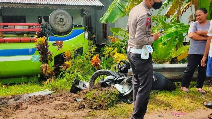 Posisi Yamaha Aerox 155 dan truk tangki yang terlibat kecelakaan di Pontianak sebelum dievakuasi