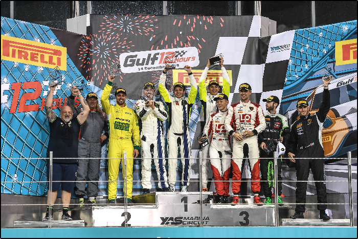 Valentino Rossi, Lucca Marini dan Alessio Salucci menang pada kelas Pro-AM dan berada di urutan ketiga Gulf 12 Hours.