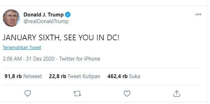 Cuitan Donald Trump yang diduga menjadi pemicu terjadinya aksi demo dan pengepungan di Gedung Capitol, Washington DC, Amerika Serikat, Rabu (06/01/2021).