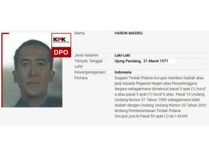Foto daftar pencarian orang Harun Masiku di website KPK.