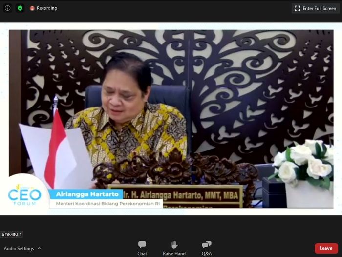 Menteri Koordinasi Bidang Perekonomian RI Airlangga Hartarto dalam acara 11th Kompas100 CEO Forum (19/1/2021)