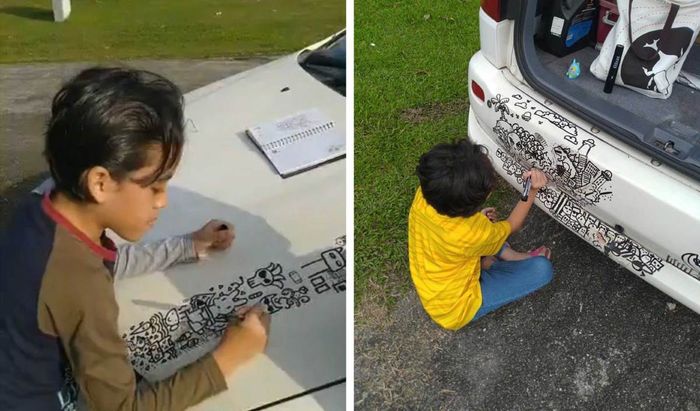 kedua anak Khairul Muna Radzi dan Ahmad Farid Ashraf Yusof saat sedang menggambar di Toyota Ipsum.