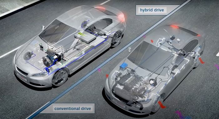 Ilustrasi perbandingan pengereman antara mobil konvensional dan mobil hybrid.