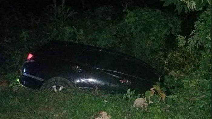 Kondisi Honda Mobilio terperosok parit penuh semak usai terjang kerbau di jalan Lintas Sumatera, Musi Rawas Utara