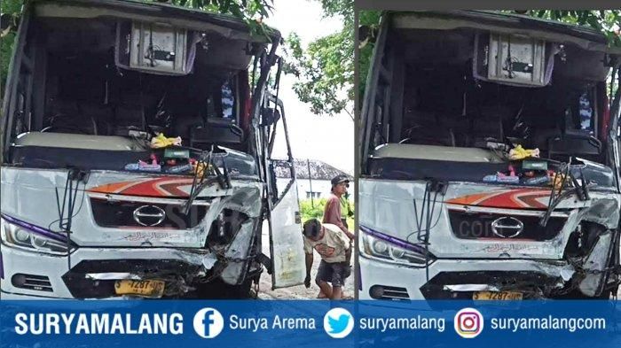 Bus Mira ambyar adu wajah lawan truk ayam di Jalan Raya Madiun-Surabaya KM 143-144, desa Kaligunting, Mejayan, Madiun, Jawa Timur