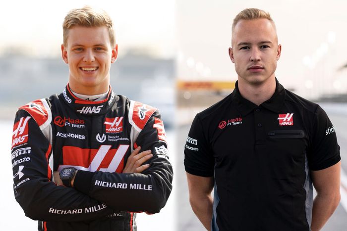 Dua pembalap tim Haas pada musim F1 2021, Mick Schumacher (kiri) dan Nikita Mazepin (kanan).
