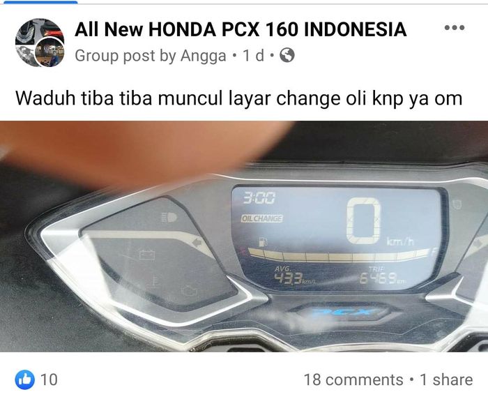 Pertanyaan tentang logo oil change PCX 160 di grup Facebook