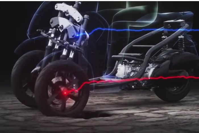 Ilustrasi saat melewati jalan tidak rata, Paralelogram Link menjaga kedua roda tetap mendapatkan traksi yang baik