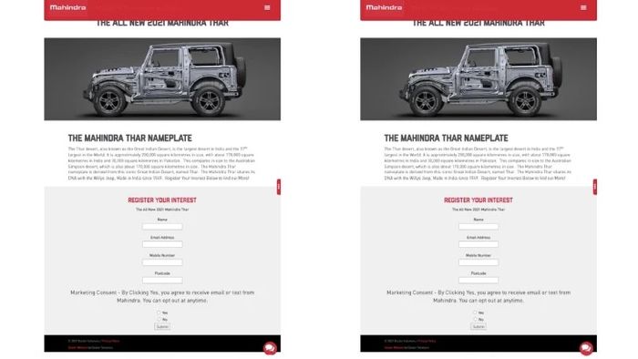 Tampilan website yang dimaksud oleh pewarkilan Jeep terkait niat penjualan Mahindra Thar di pasar Australia.