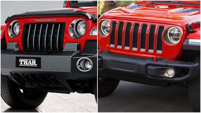 Perbandingan desain fascia Mahindra Thar (kiri) dan Jeep Wrangler (kanan).