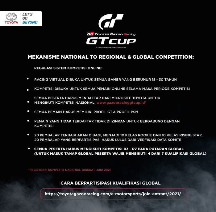 Syarat mengikuti ajang balap virtual TOYOTA GAZOO Racing GT Cup 2021
