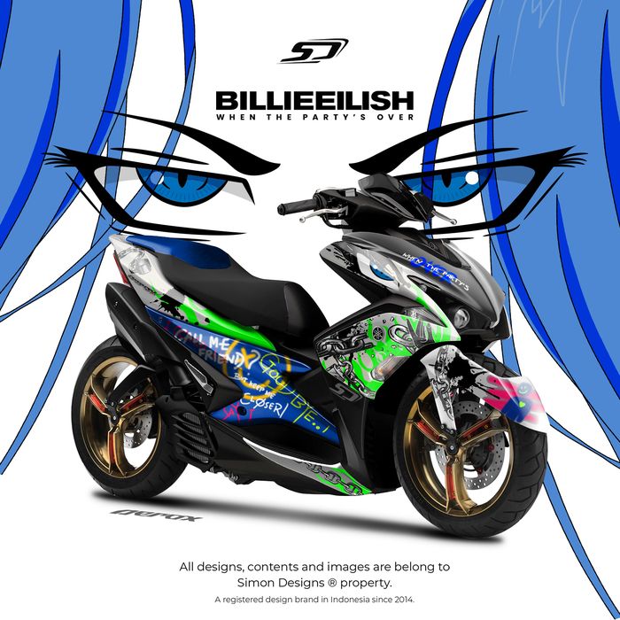 Modifikasi digital Yamaha Aerox 155 karya Simon Designs dengan konsep video klip Billi Elish