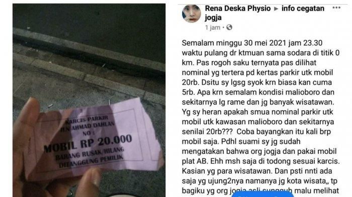 Unggahan di grup Facebook terkait keluhan tarif parkir di kawasan Malioboro, Yogyakarta