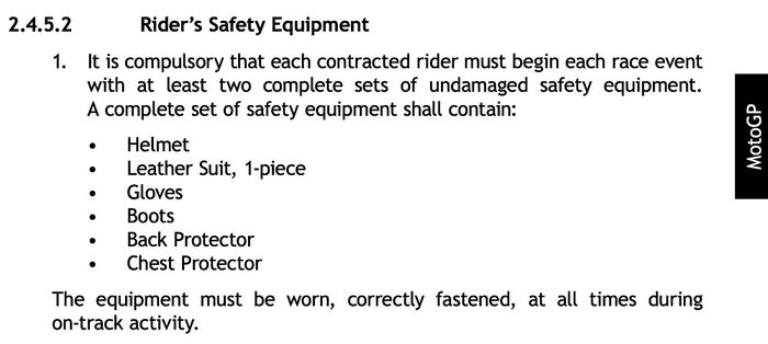 Artikel 2.4.5.2 mengenai Rider's Safety Equipment MotoGP