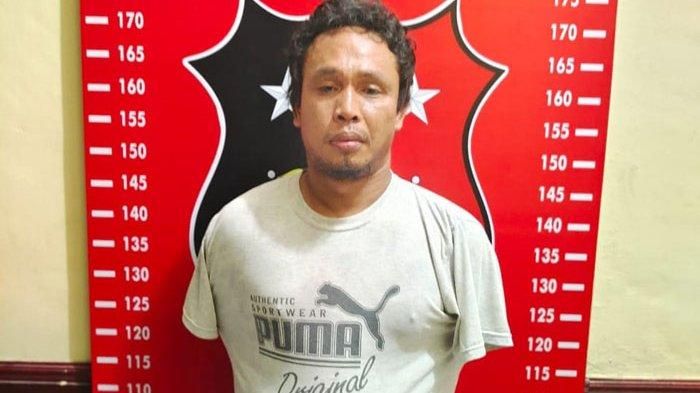 Pelaku bernama Muhammad Nur (37) alias Maknur warga Dusun III, Desa Bandar Labuhan, Kecamatan Tanjung Morawa, Deliserdang, diamankan Sat Reskrim Polresta Deliserdang, Jumat (11/6/2021). (HO / Tribun Medan)