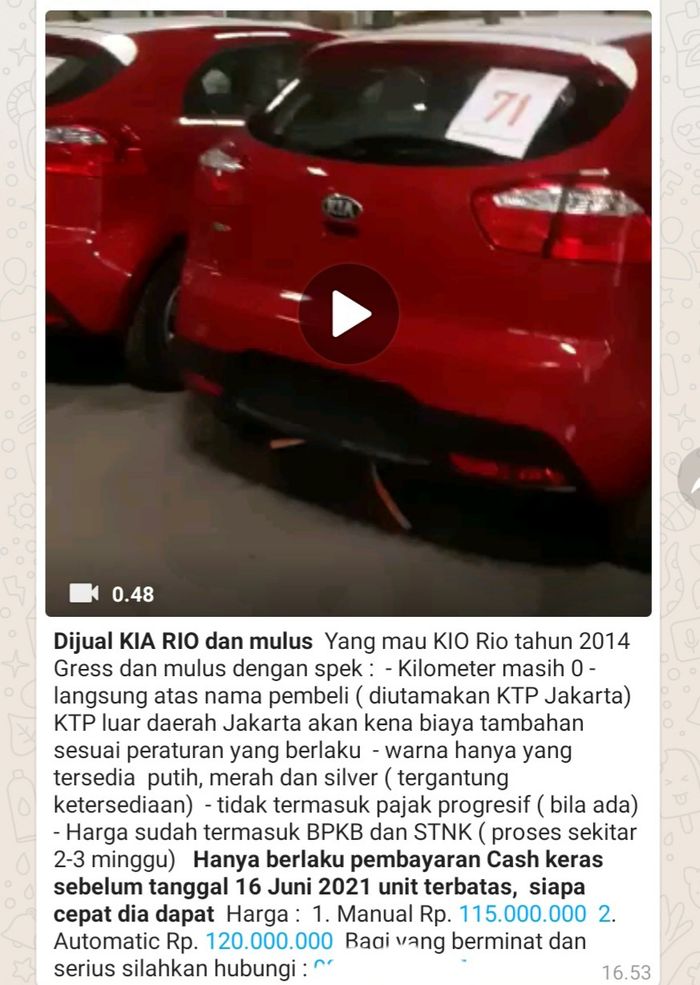 Tipon KIA Rio lansiran 2014 yang beredar di Whatsapp group