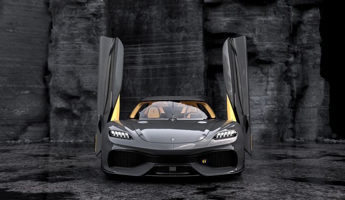 Pintu Koenigsegg Gemera terbuka dilihat dari bagian depan.