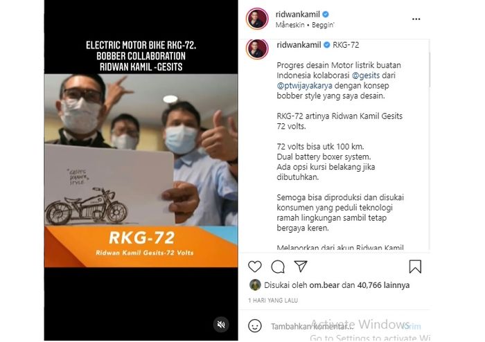 RIdwan Kamil beberkan nama dan spesifikasi Gesits RKG-72, motor listrik bergaya bobber buatannya