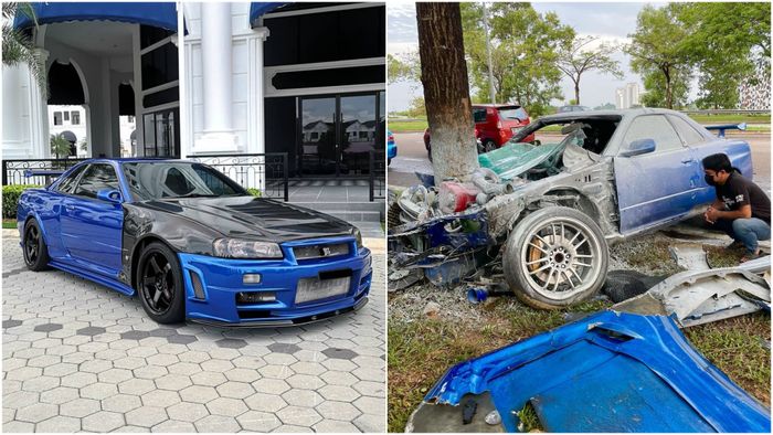 Baru juga sejam terjual, Nissan GTR R34 sudah ringsek parah gara-gara seruduk pohon.