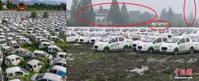 Kesamaan pada foto dengan deskripsi kuburan mobil listrik di Prancis dan parkiran mobil Microcity.