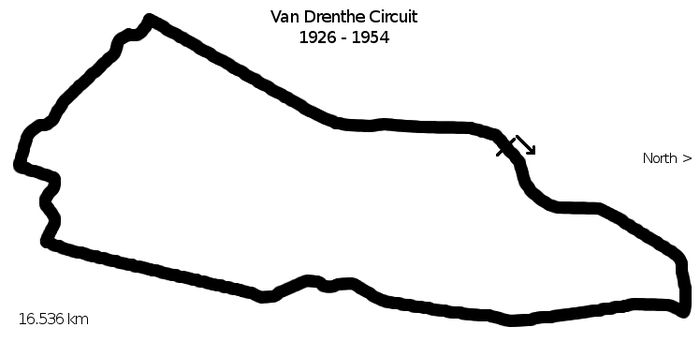 Layout pertama sirkuit Assen, Belanda, kala itu masih bernama Van Drenthe Circuit, perioded 1926 hingga 1954.