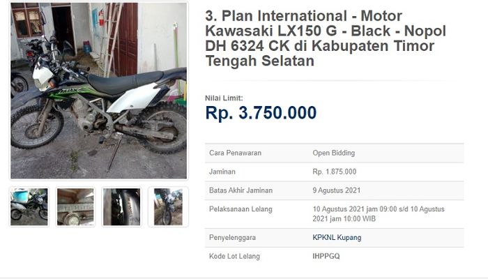 Kawasaki KLX 150 tahun 2017 dilelang murah meriah.