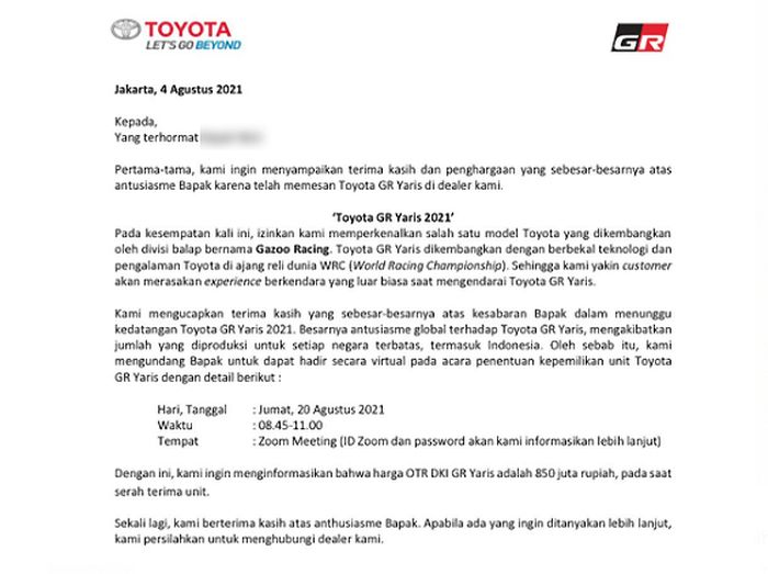 Surat undangan pengundian Toyota GR Yaris tersebar di social media