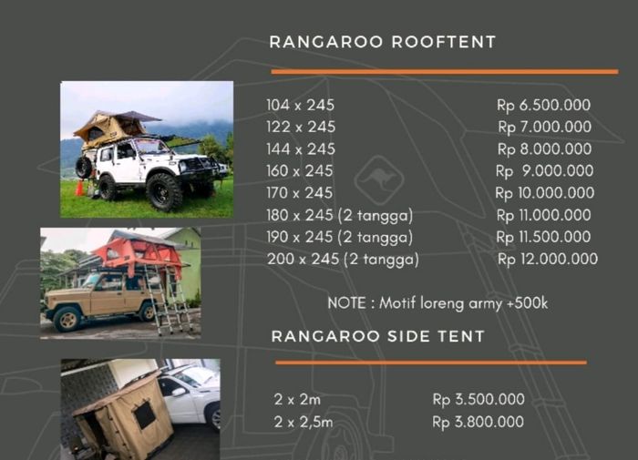 Daftar harga rooftop tent dan side tent Rangaroo Motoshop. 