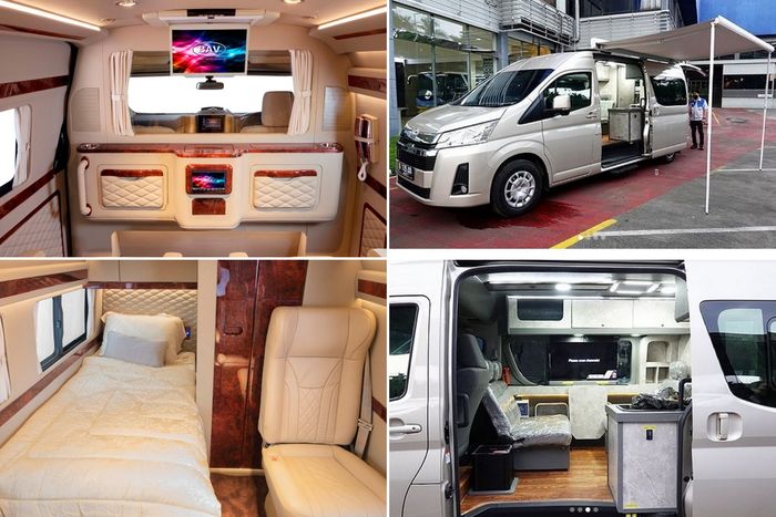 Modifikasi Toyota HiAce Premio motorhome BAV (kiri), dan versi campervan Delima Jaya (kanan)