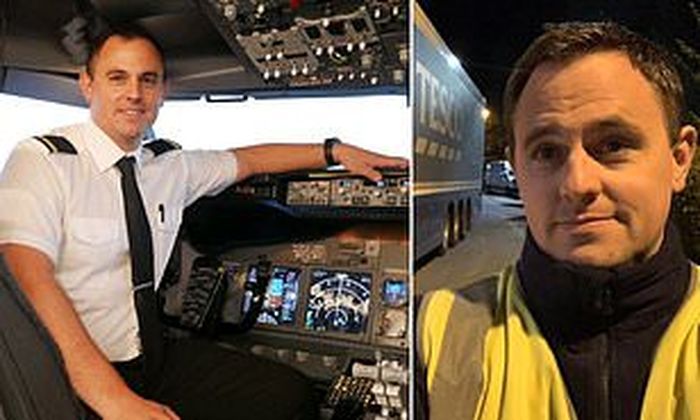 Aaron Leventhal saat menjadi pilot di maskapai Flybe (kanan) dan ketika menjadi sopir truk lepas (kiri).