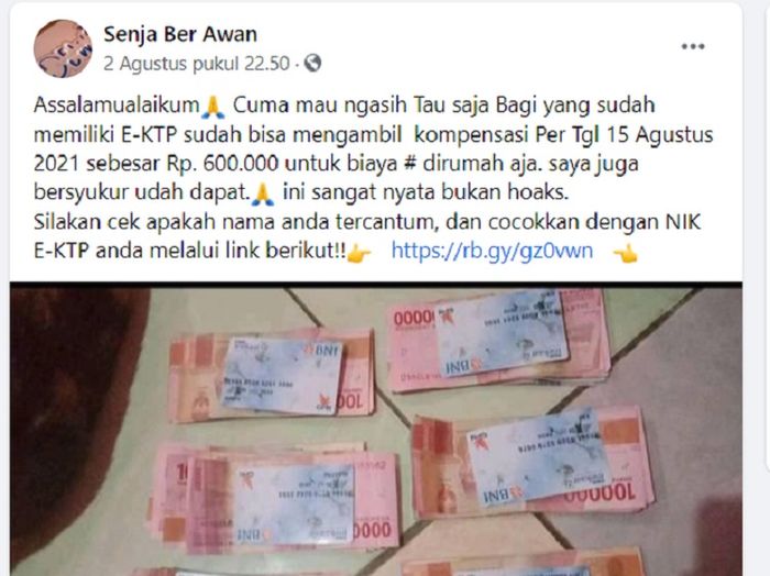 Hoak bantuan e-KTP (Tangkapan layar Facebook)