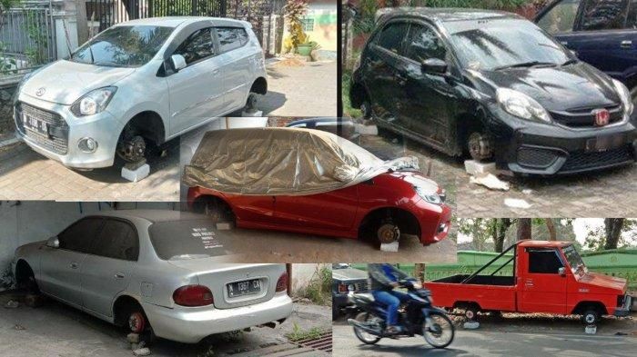 Deretan mobil milik warga kota Malang yang jadi korban maling ban mobil. Sejak Juni 2021 setidaknya ada 7 mobil jadi korban, perhatikan kondisi kaki-kaki mobil yang sudah kehilangan ke 4 rodanya di foto ini 