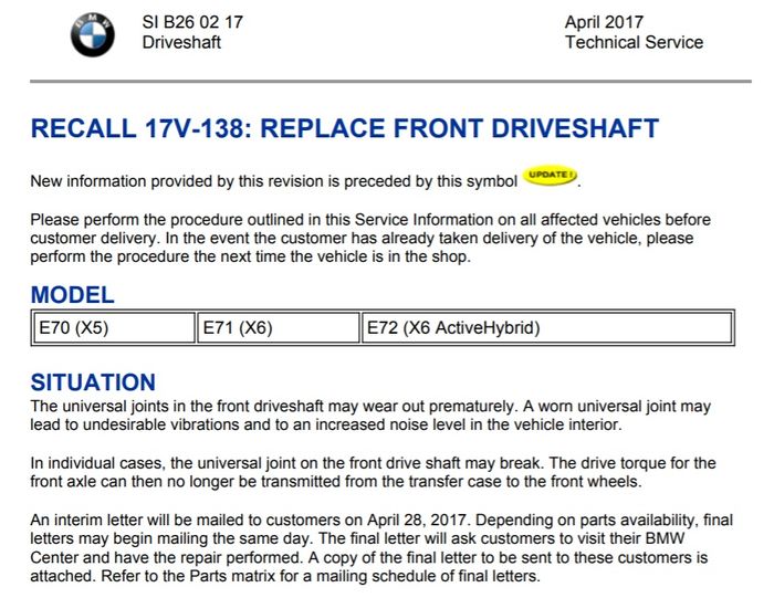 Tampilan layar dokumen NHTSA tentang recall front driveshaft di BMW X5 (E70), X6 (E71), dan X6 Activehybrid) pada April 2017